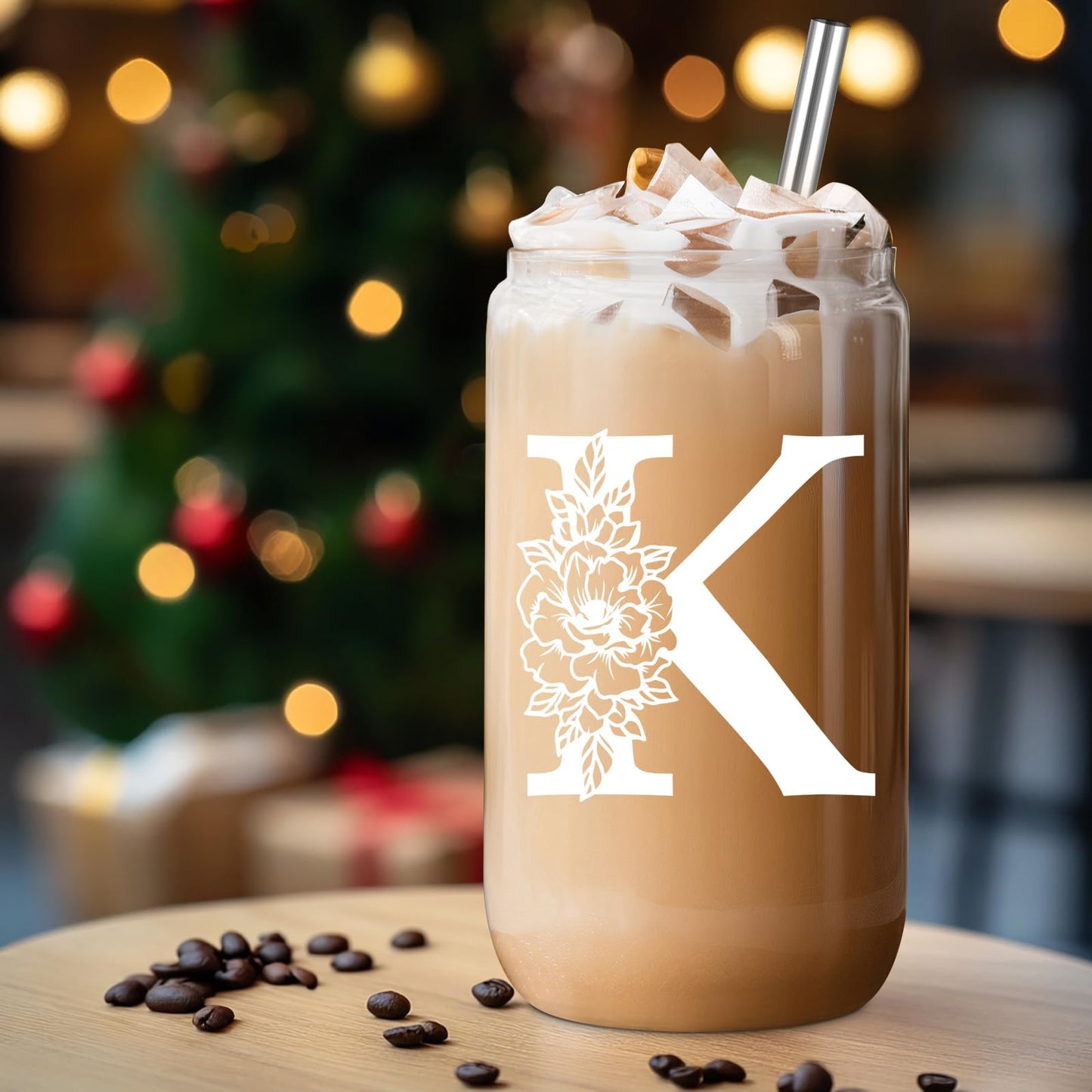 Coolife Initial Glass Cup, Monogrammed Gifts for Women, 16 oz Glass Cups w/Lids Straws, Iced Coffee Smoothie Beer Tumbler w/Straw Lid - Personalized Christmas, Birthday Gifts for Her Mom Friend Woman