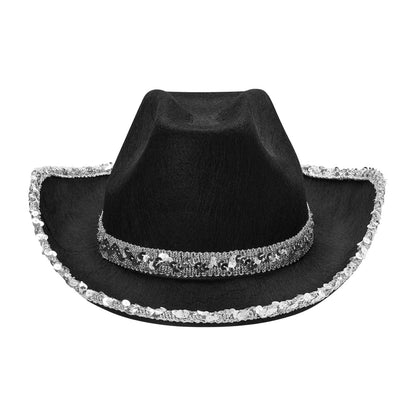 Juaugusep Western Cowboy Costume Set Bandana Wide Brim Western Style Sequins Cowgirl Hats & Tassel Scarf 2PCS Set for Party (Black Sequin, 2Pcs)