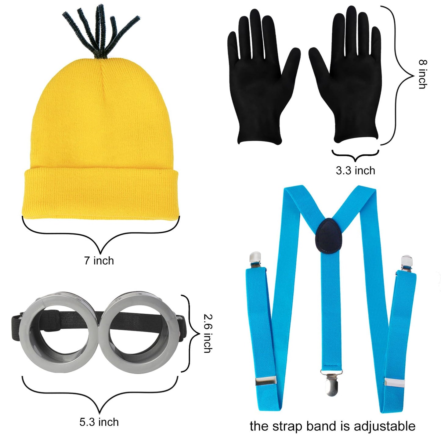 CONGRU 4 Pcs Halloween Costume Accessories Adults-Yellow Beanie Hat/Goggles/Gloves/Suspenders for Halloween Dress Up
