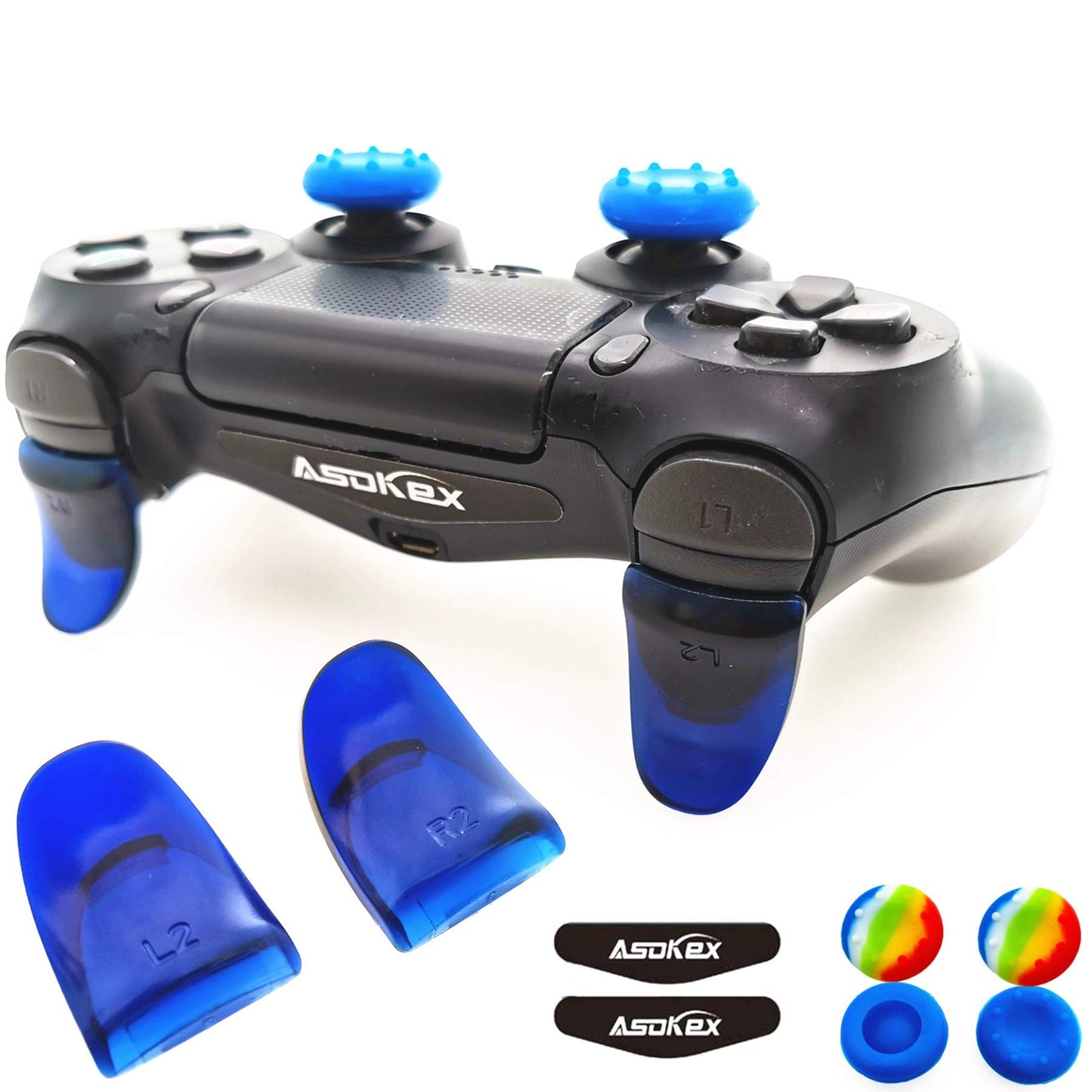 L2 R2 Ps4 Trigger Extenders (1 Pair L2 R2 Triggers, 4pcs Joystick Cap, 2 Pairs LED Light Bar Decal) for PlayStation 4 Controller