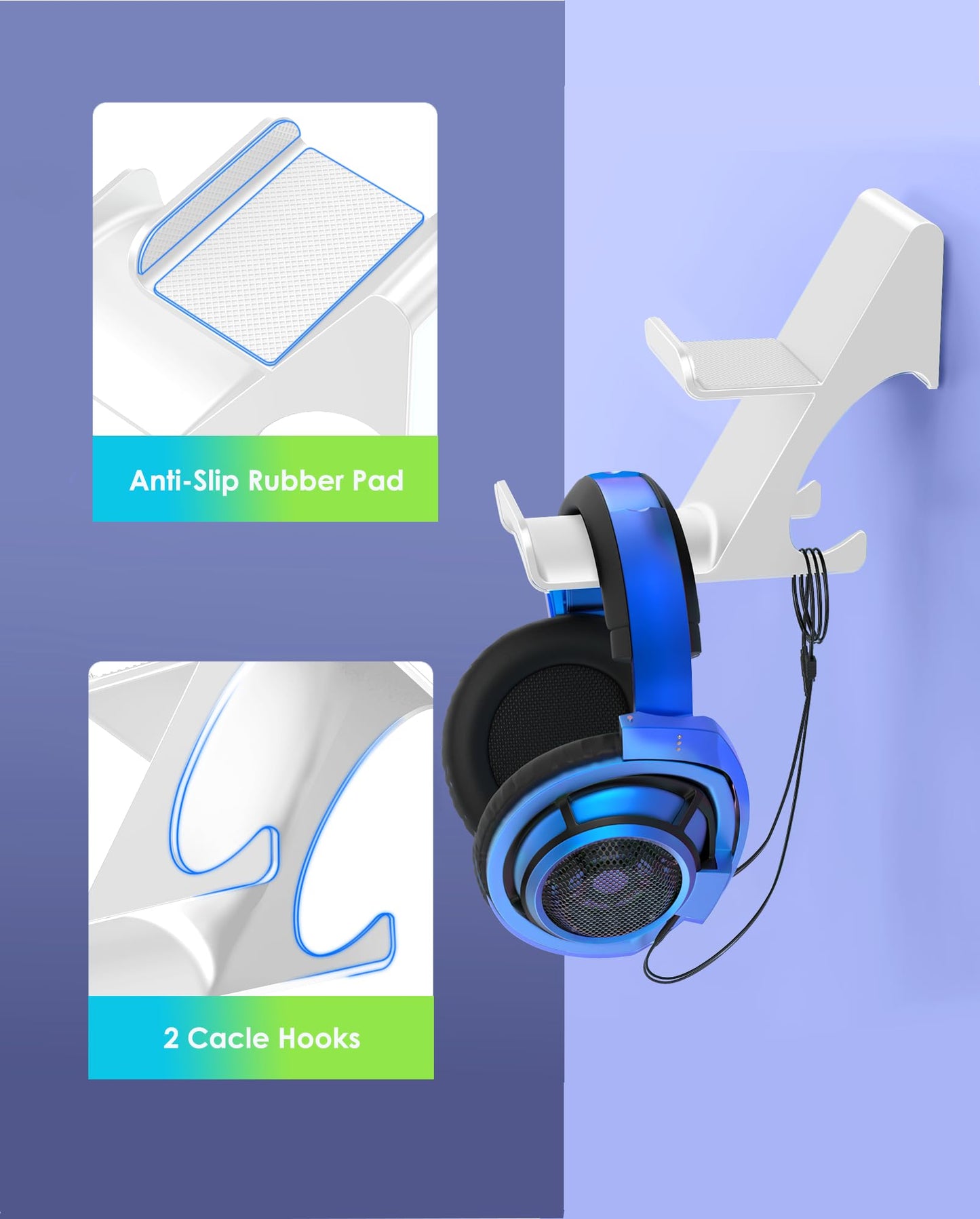 6amLifestyle Controller and Headphone Wall Mount Holder Stand with Cord Hanger for PS5 PS4 Xbox One Switch Pro Gamepad Controller Hook Strong Adhesive/Screws, White