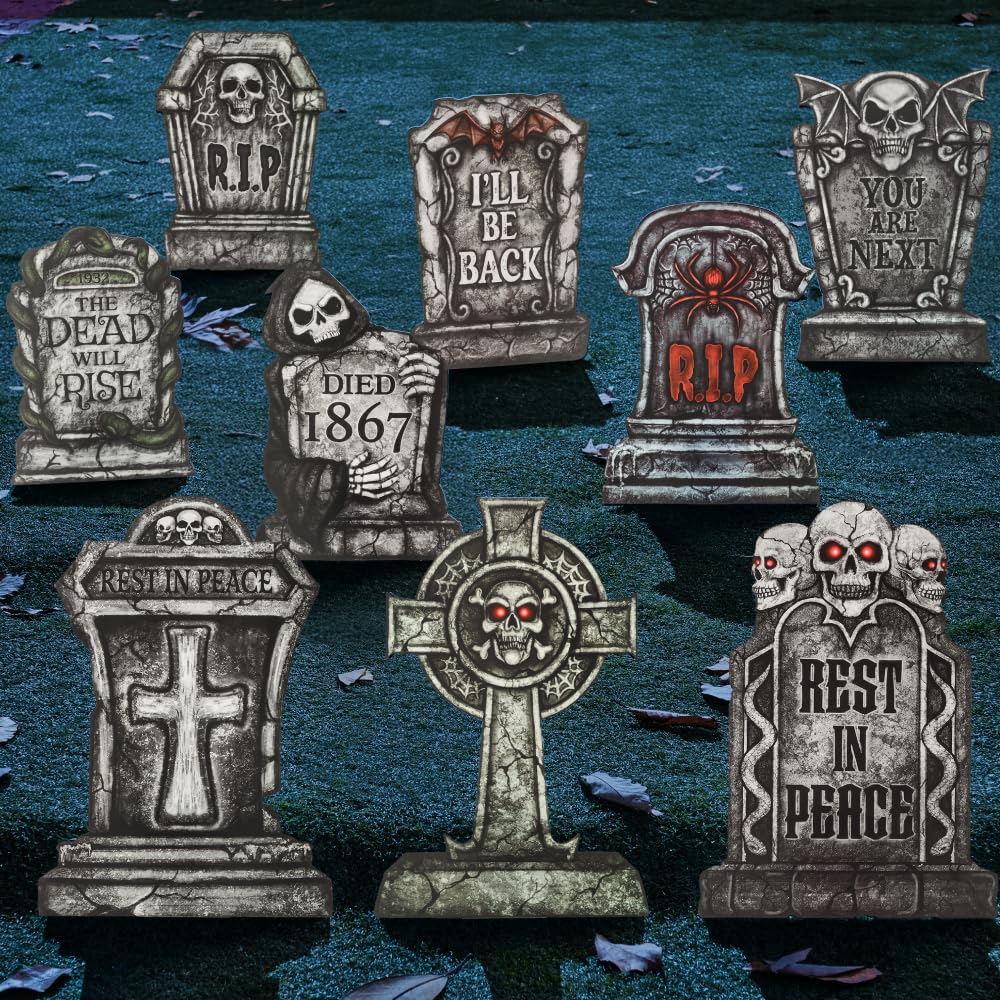 JOYIN 16" 9 Pcs Halloween Tombstones Decorations Outdoor, Graveyard Yard Lawn Plastic Headstones with 18 Metal Stakes for Halloween Cemetery, Indoor Decorations, Prop, Party Decor Supplies