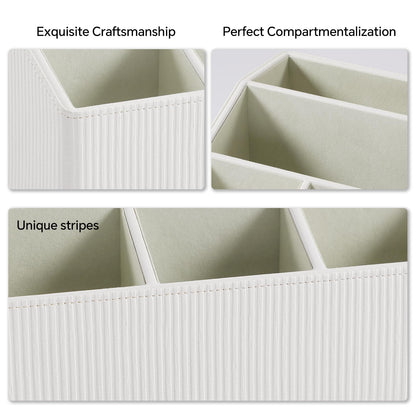 Cretkhp Remote Control Holder with 5 Compartments for Office Art Supplies, PU Leather Nightstand Organizer Pencil Pen Desk Caddy for Home, Desktop TV Remote Control Organizer Storage (Striped Ivory)