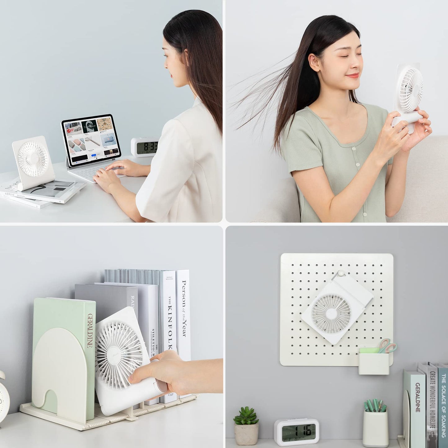 JISULIFE Small Desk Fan, Portable Travel with 4500mAh Battery, USB Rechargeable Folding Design for Flexibility, Strong Quiet Wind with 4 Speed Modes, Ideal Gifts for Office/Home/Camping - White