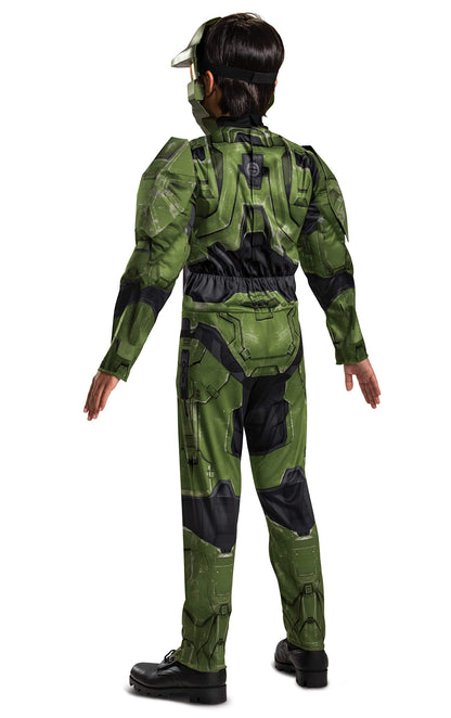 Halo Infinite Master Chief Costume, Kids Size Muscle Padded Video Game Inspired Character Jumpsuit, Child Size Large (10-12), Green & Black