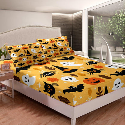Erosebridal Halloween Fitted Sheet Twin Cartoon Pumpkin Sheet Set Lantern Bedding Ghost Bed Cover for Kids Boys Girls Bedroom Decor 2 Pcs Bedding Set (1 Fitted Sheet 1 Pillow Case) Orange