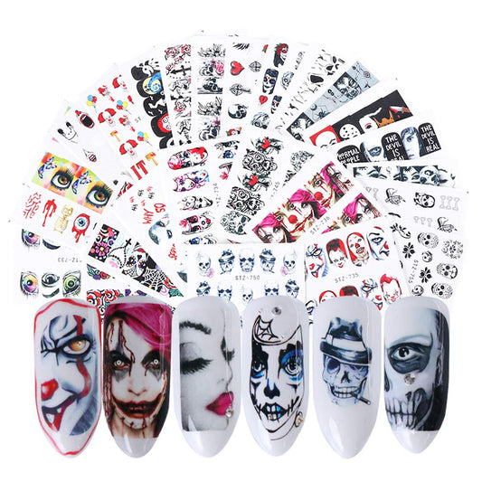 Halloween Nail Stickers - 24 Sheets Day of The Dead Water Transfer Nail Decals Ghost Spider Face Web Witch Skeleton Nail Art Stickers Wraps Manicure Tips Strips Decoration for Halloween Party Supply
