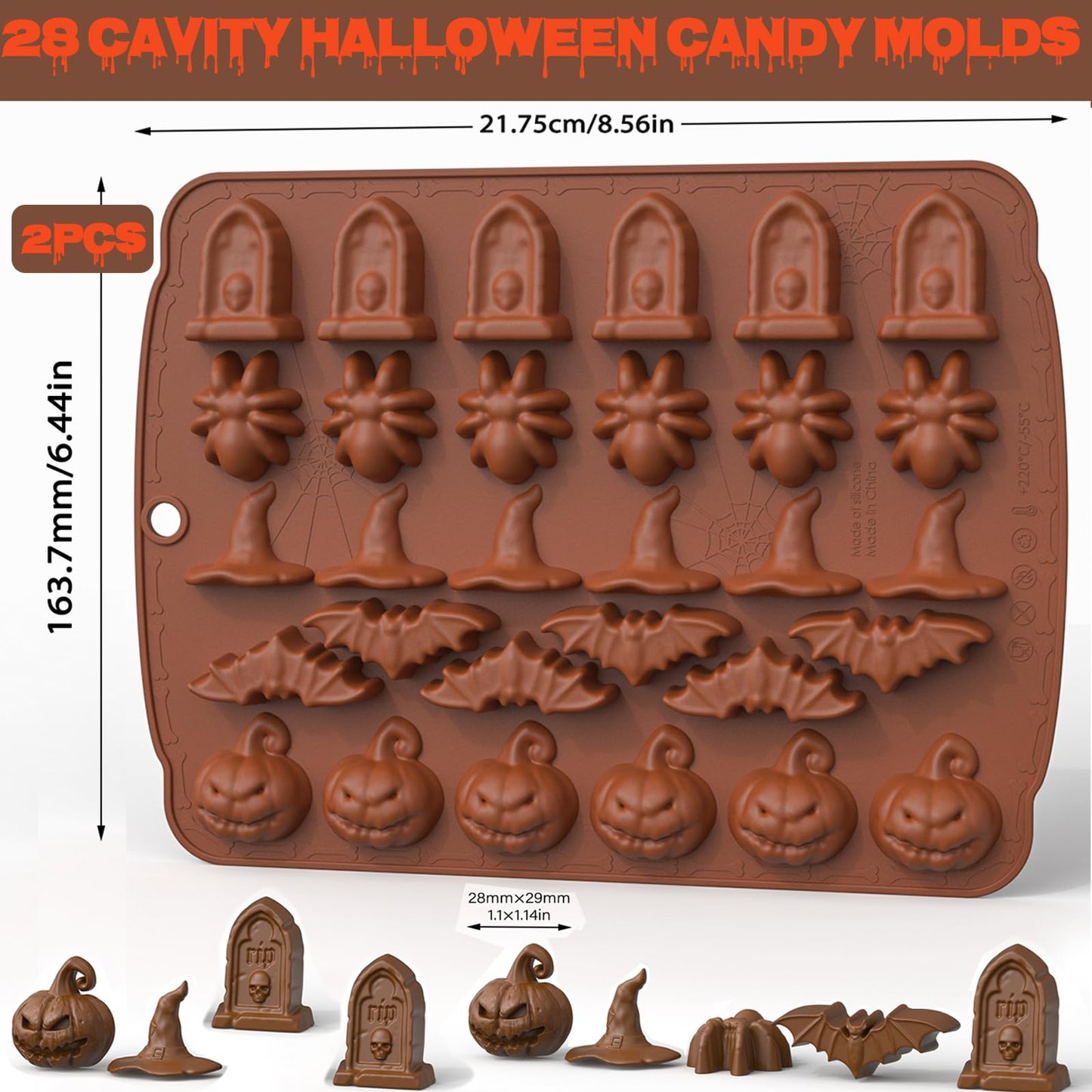 Gummy Skull Candy Molds Silicone, 4 Pack Mini Skull Gummie Chocolate Mold Halloween Spider Witch Hat Pumpkin Candy Gummy Mold with 4 Droppers for Chocolate, Candy, Jelly, Ice Cube, Dog Treat (Brown)