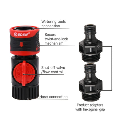 Eden 93218 Premium Garden Connect with Shutoff Valve and Water Stop & Lock Feature Quick Release Kit Hose Fittings and Adapters, (3 Sets/ 9 Pc)