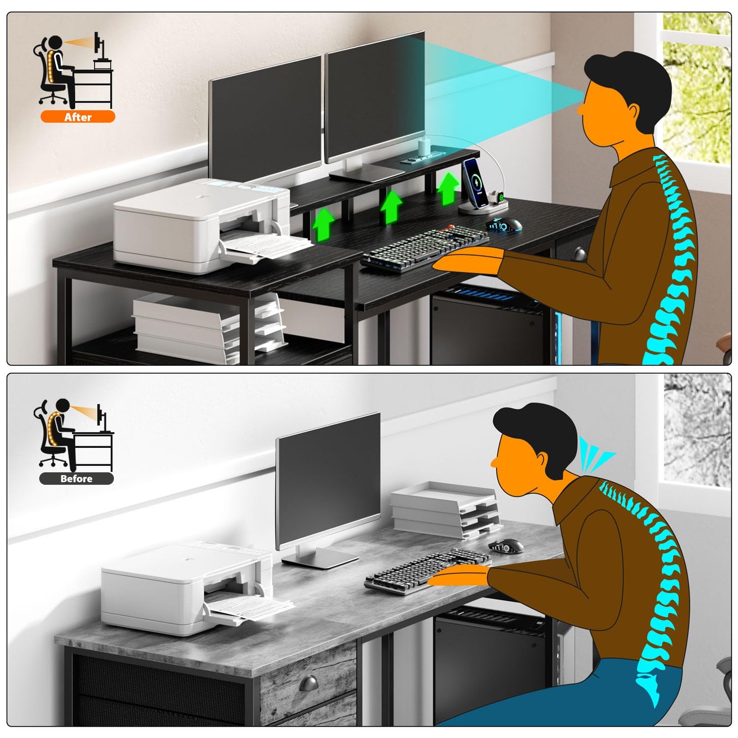 Furologee Black Computer Desk with 4 Drawers, 60" Long Office Desk with Fabric File Cabinet and Power Outlets, Gaming Desk with LED Lights, Study Writing Work Desk for Home Office