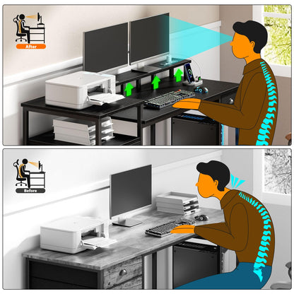 Furologee Black Computer Desk with 4 Drawers, 60" Long Office Desk with Fabric File Cabinet and Power Outlets, Gaming Desk with LED Lights, Study Writing Work Desk for Home Office