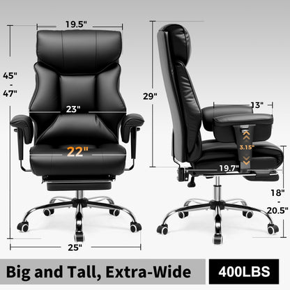 COMHOMA Big and Tall Office Chair 400lbs High Back Computer Gaming Chair with Ergonomic Lumbar Support & Pocket Spring Cushion for Lower Back Pain Relief, Leather Executive Chair with Foot Rest, Black