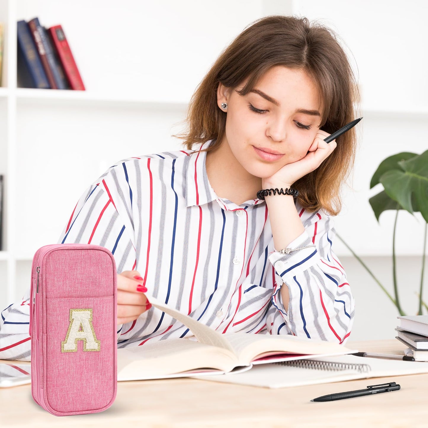 GIFTOXO Pencil Case for Girls Women, Back to School Supplies, Preppy Pencil Case, Large Initial Pencil Pouch with Zipper, Cute Pencil Bag, Aesthetic Pen Case Box for Kids Teen Girls - A(Pink)