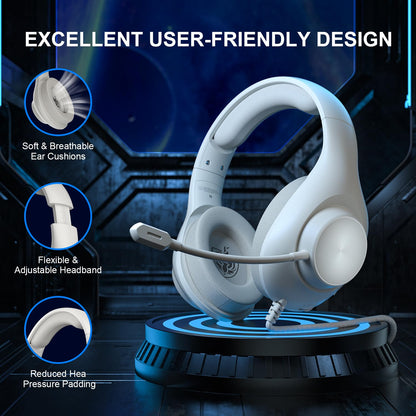 Gaming Headset for PS5 PS4 PC, Wired Headsets with 7.1 Surround Sound, H-7 Gaming Over Ear Headphones with Noise Cancelling Flexible Mic Memory Earmuffs, for PC/PS5/PS4/XboxSeries X/S/Switch (White)