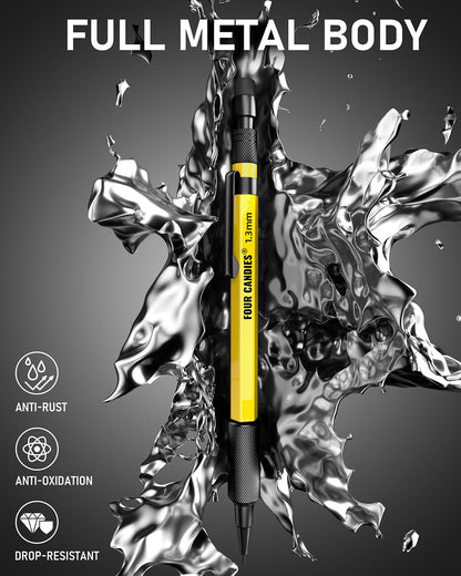 Four Candies 1.3mm Mechanical Pencil Set with 72 Lead Refills, 3PCS Metal Weatherproof Body Heavy Duty Carpenter Pencil, 3 Eraser, 16 Eraser Refills, for Outdoor Woodworking Drafting Marking with Case