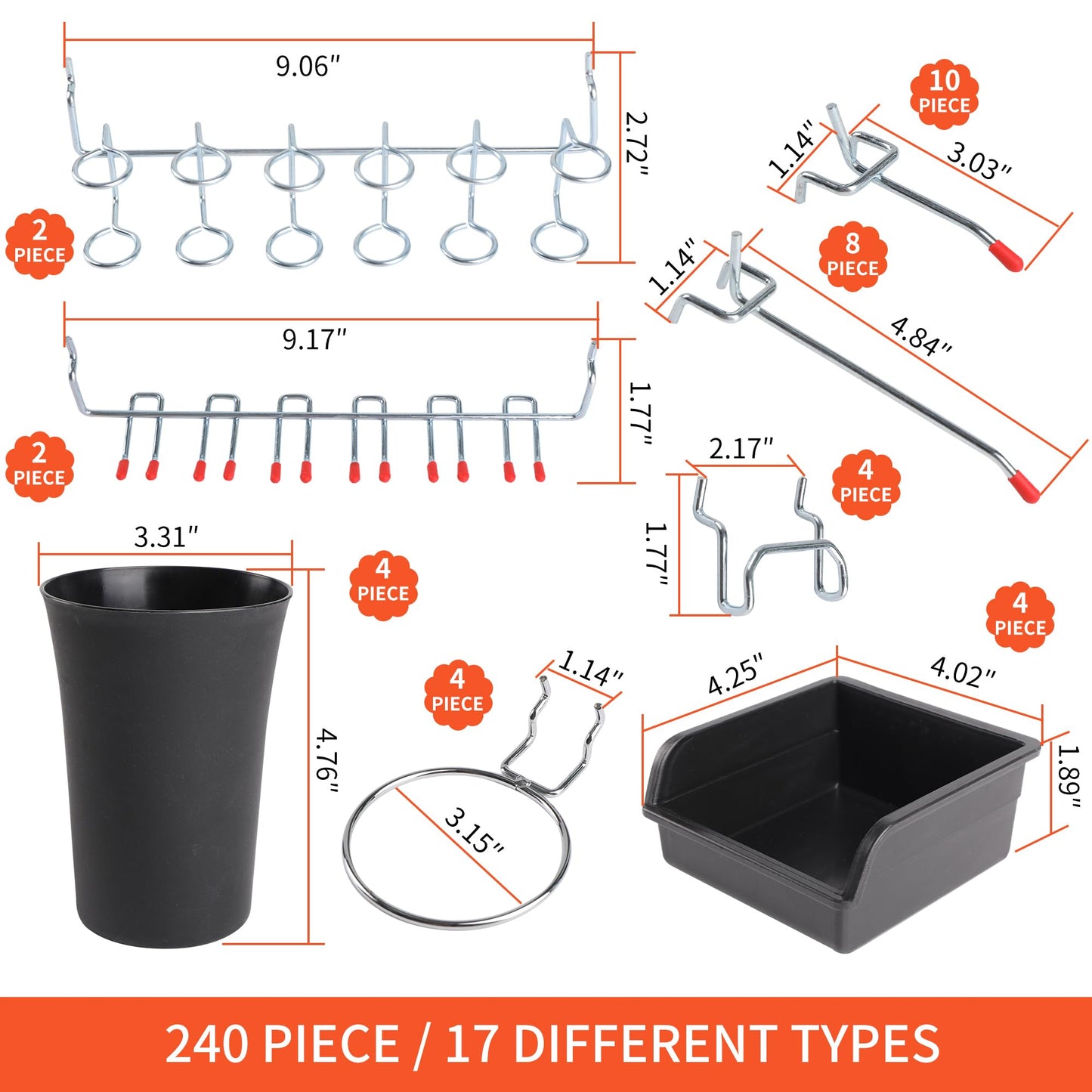 FALPRO 240PCS Pegboard Hooks Assortment, Pegboard Organizer Kit with Bins, Cups, 1/8 and 1/4 inch Hooks for Hanging Tools, Garage Wall Organization