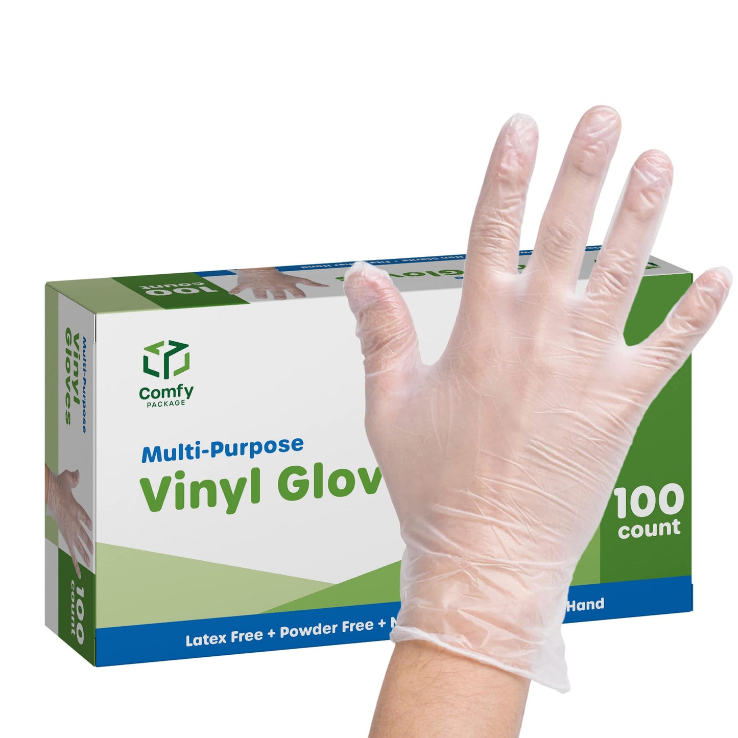 Comfy Package Disposable Vinyl Gloves [100 Count] – Clear, Latex-Free, Powder-Free – Food Safe for Cooking, Cleaning, Food Handling – BPA-Free - X-large