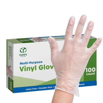 Comfy Package Disposable Vinyl Gloves [100 Count] – Clear, Latex-Free, Powder-Free – Food Safe for Cooking, Cleaning, Food Handling – BPA-Free - X-large
