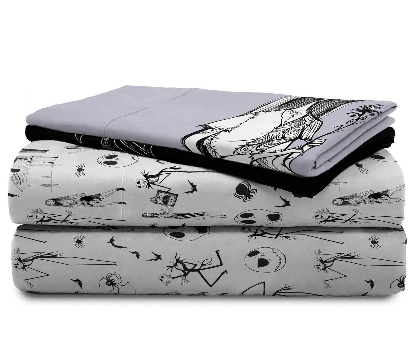 Jay Franco Kids Sheet Set with Fitted, Flat Sheets & Pillow Cover - Ultra-Soft Bedding with Pillowcase for Room Decor, White - Nightmare Before Christmas, 4 Piece Queen