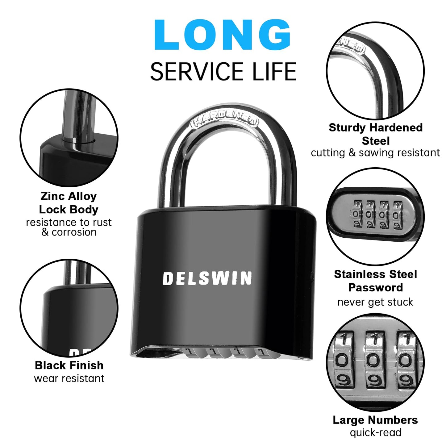 DELSWIN 4-Digit Combination Lock Outdoor Padlock - Heavy Duty Locker Lock with Hardened Steel Shackle, Waterproof Combo Lock for Gym Locker, Hasp Storage, Shed, Fence, Gate (Black,1Pcs)