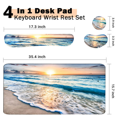 4-in-1 Large Gaming Mouse Pad, Keyboard Wrist Rest Pad & Wrist Support Mousepad Set, Extended Desk Pad Waterproof Desk Mat for Home Office Study Game-Beach