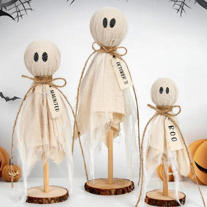 DAZONGE Halloween Decorations Indoor - Set of 3 Primitive Halloween Ghosts on Wooden Stand for Table Centerpieces, Shelves, and Mantels