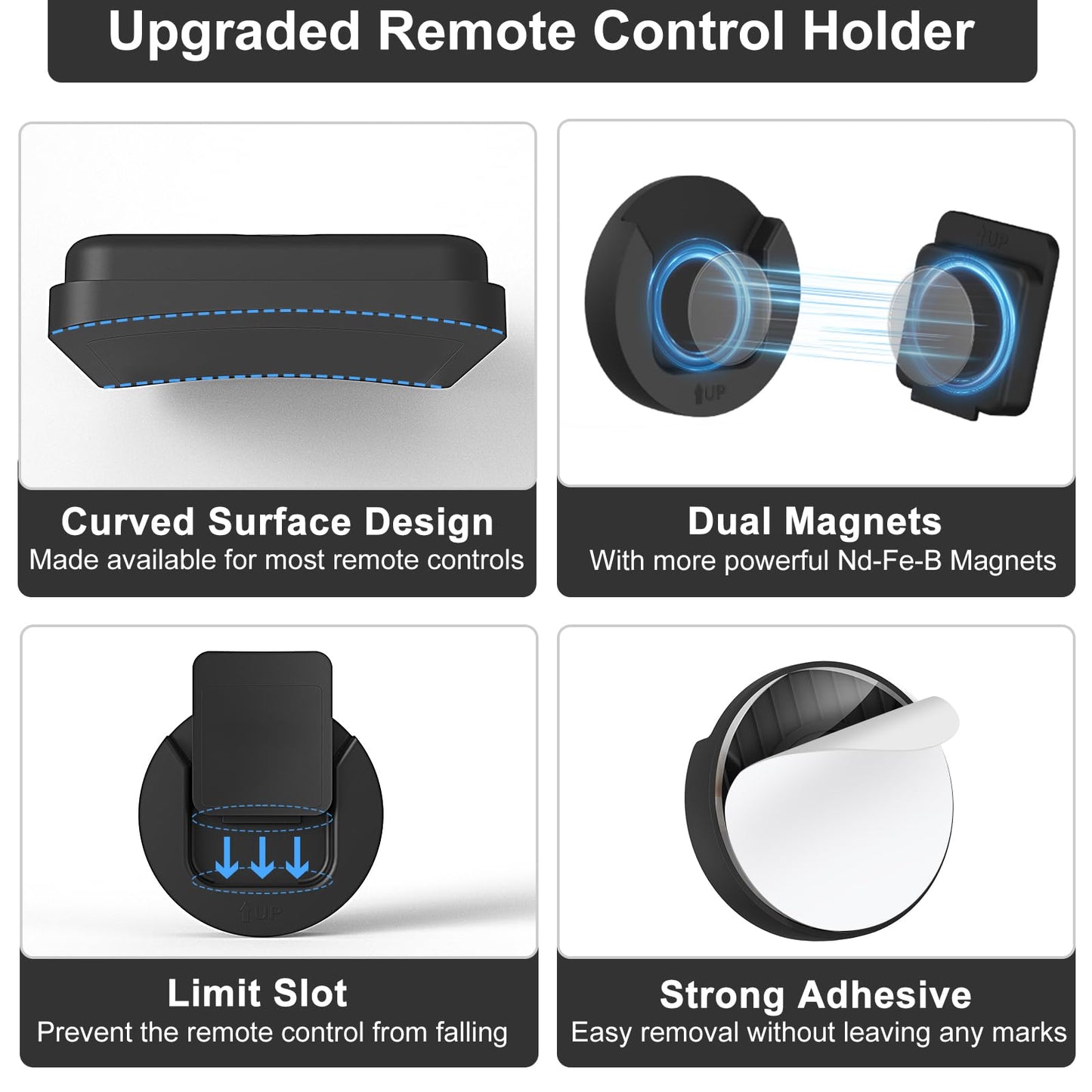 YYILIS Magnetic Remote Control Holder Wall Mount, 4 Pack Upgraded Organizers Storage Self-Adhesive TV Remote Holder for Back of TV (Black)