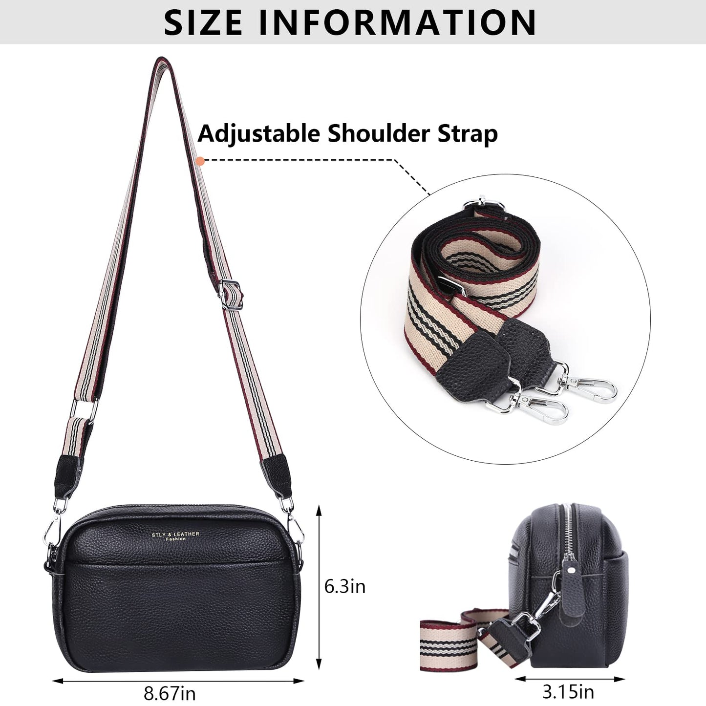 Crossbody Bag for Women Genuine Leather Wide Strap Shoulder Bag Purse Trendy Design Camera Crossbody Purse Top Zip