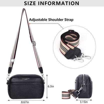 Crossbody Bag for Women Genuine Leather Wide Strap Shoulder Bag Purse Trendy Design Camera Crossbody Purse Top Zip