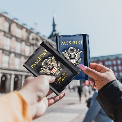 Herain Passport Holder Wallet Cover Case for Men Women Family, Metal US Badge Passport Book Holers with RFID Blocking, Travel Essentials Cruise Must Haves