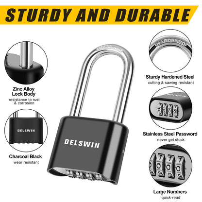 DELSWIN Combination Lock Outdoor Padlock - Weatherproof Extended 2-1/2 in. Long Shackle Combination Padlock for Gate, Shed, Trailers, and Sports Lockers(Black,2Pcs)