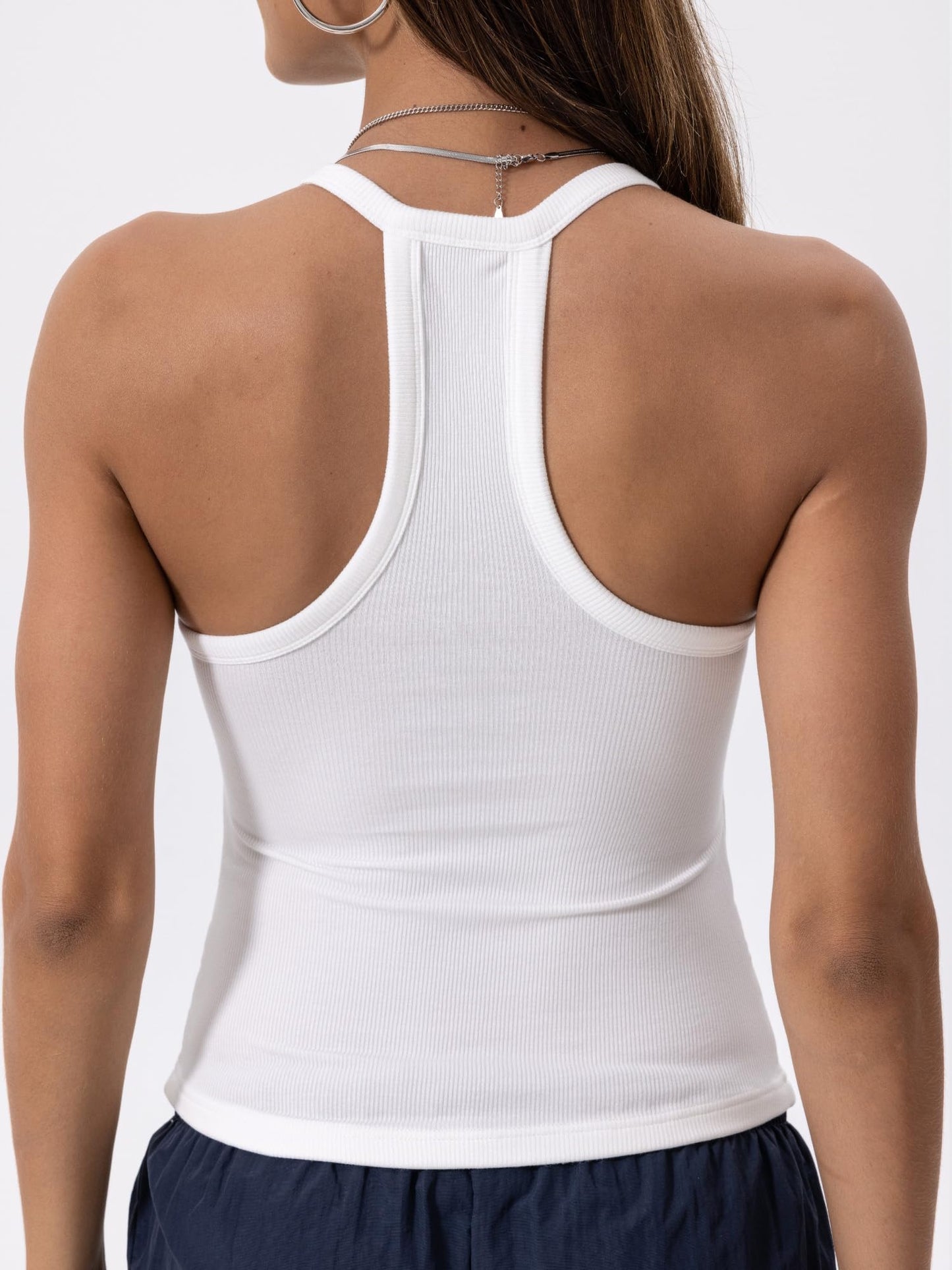 Danysu V Neck Racerback Tank Top for Women with Built in Bra Ribbed Long Tank Fitted Basic Cami Tops Angel White XS