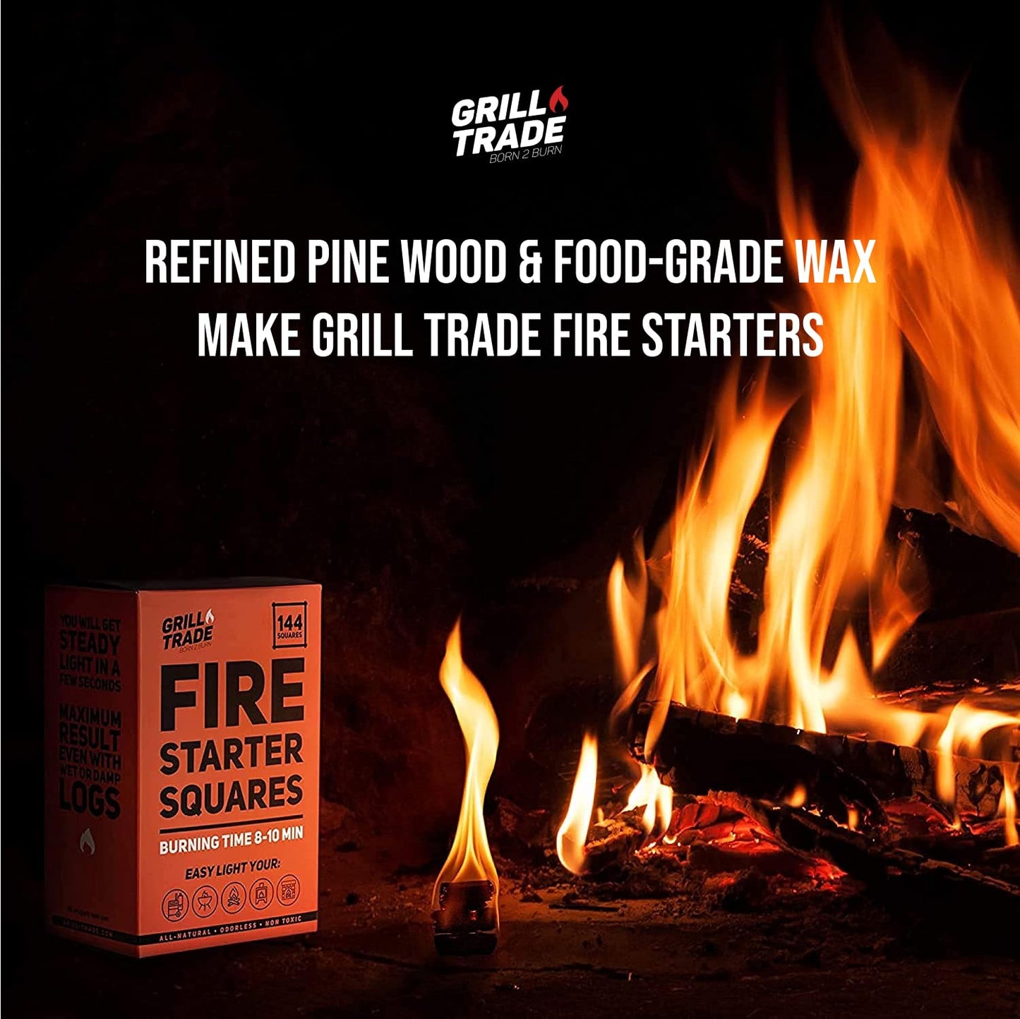 Grill Trade Fire Starter Squares 144, Easy Burn Your BBQ Grill, Camping Fire, Wood Stove, Smoker Pellets, Lump Charcoal - Fireplace Cubes - Ideal Barbeque Accessories