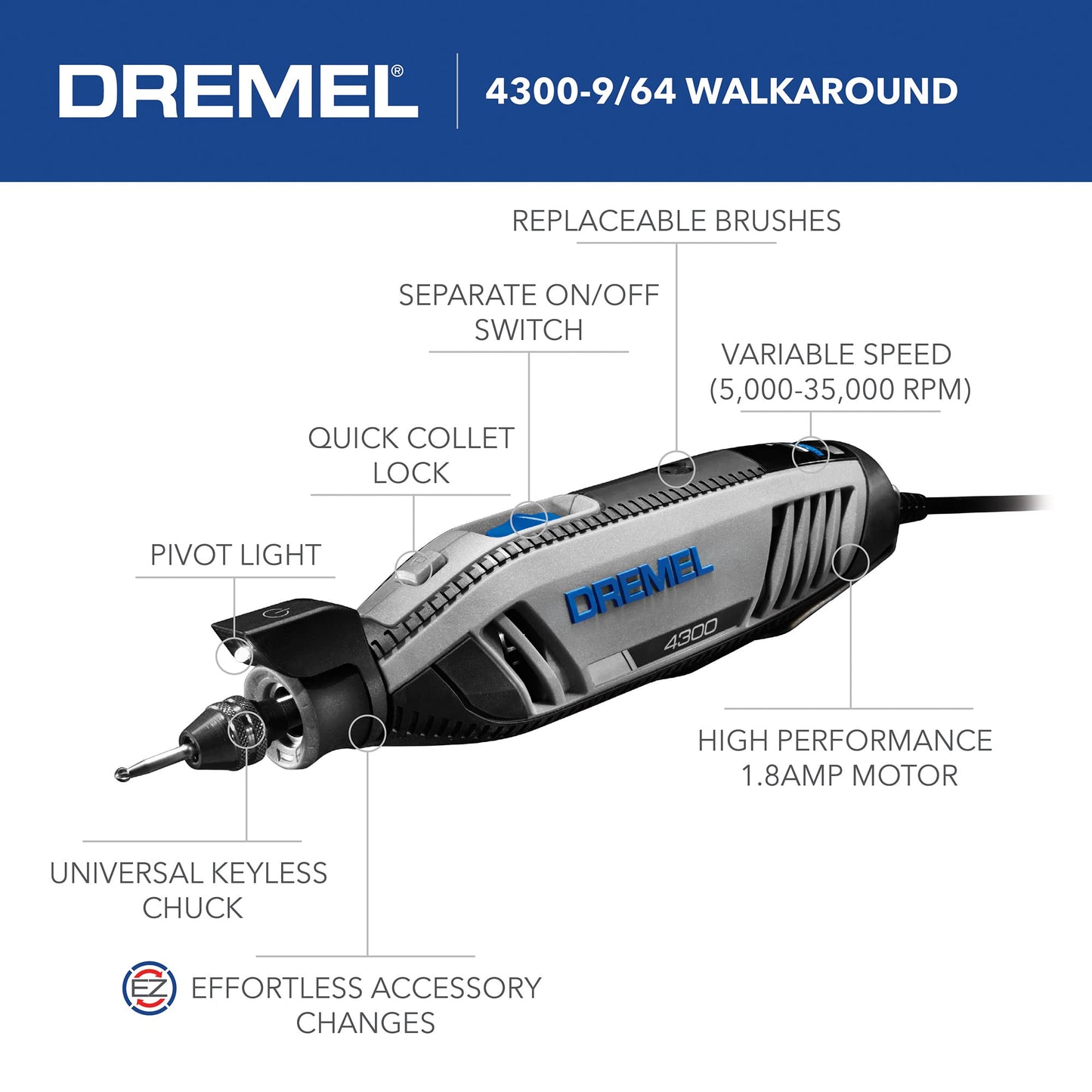 Dremel 4300-9/64 Versatile Rotary Tool Kit with Flex Shaft - 9 Attachments & 64 Accessories - Ideal for Engraving, Etching, Sanding, and Polishing