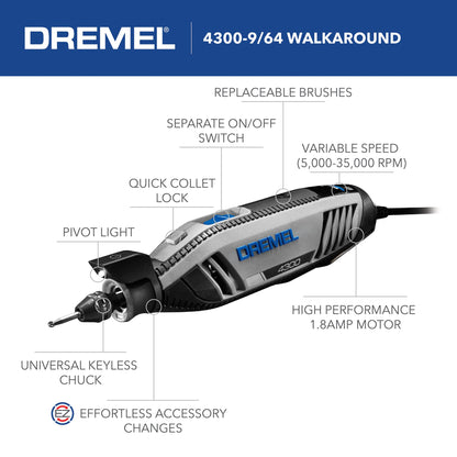 Dremel 4300-9/64 Versatile Rotary Tool Kit with Flex Shaft - 9 Attachments & 64 Accessories - Ideal for Engraving, Etching, Sanding, and Polishing