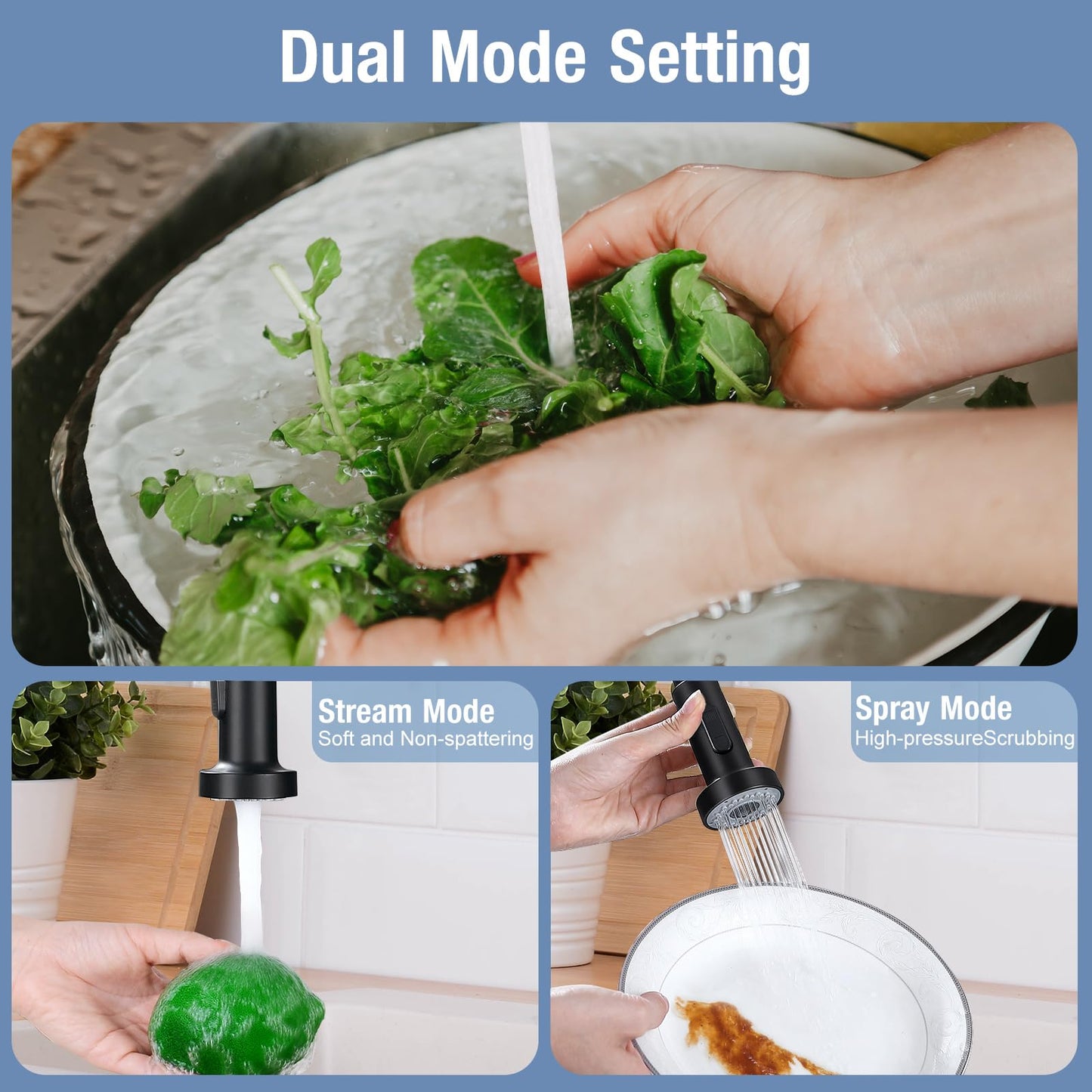 DJS Kitchen Faucets with Pull Down Sprayer Matte Black - Dual Mode Setting Single Handle 1 or 3 Holes Commercial Black Kitchen Sink Faucet with Deck Plate for Farmhouse RV Vessel Basin