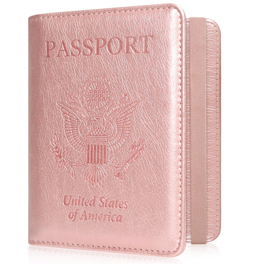 ACdream RFID BLOCKING Passport Holder Travel Wallet, Premium PU Leather Cover Passport Book with Card Holder, Pen Holder, Keep Organization, and Travel Essentials for Women and Men, Rose Gold
