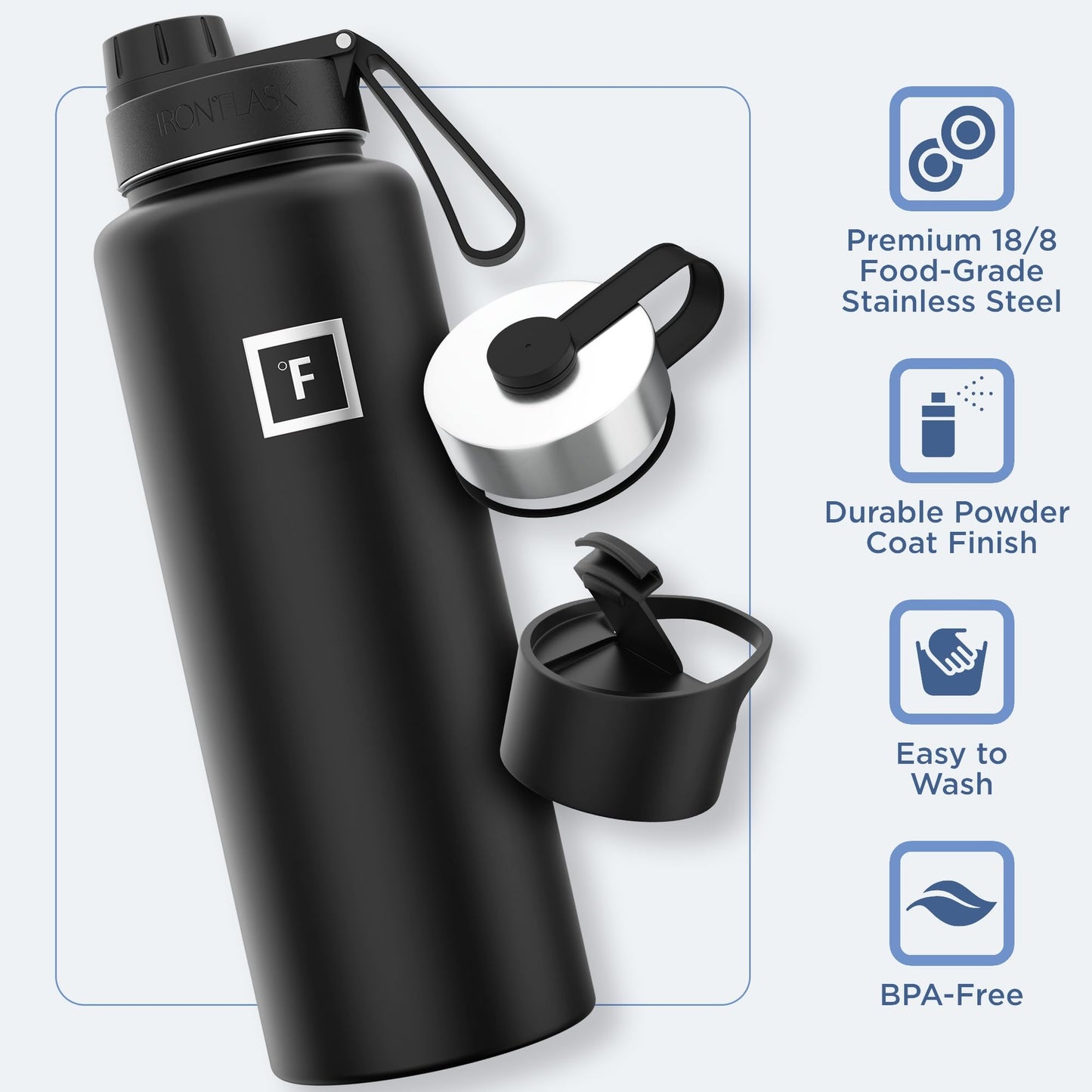 IRON °FLASK Camping & Hiking Hydration Flask with 3 Lids - Stainless Steel, Double Walled & Vacuum Insulated Water Bottle - Leak Proof & BPA Free (Midnight Black, Spout - 40 oz)