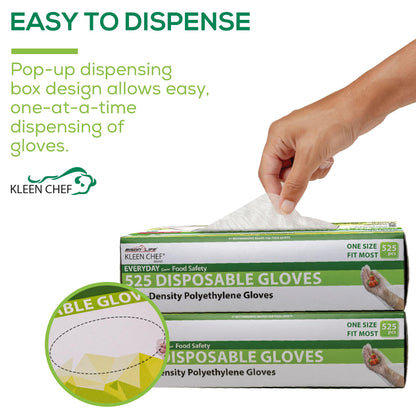 KLEEN CHEF Disposable Food Handling Long Cuff Poly Gloves | One Size Fits Most, 525 per Box (2 Boxes)