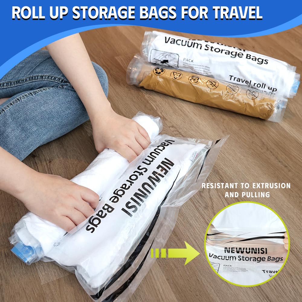 12 Pack Compression Bags, Travel Roll Up Reusable Travel Space Saver Vacuum Storage Bags for Luggage, Camping, and Storage (No Vacuum or Pump Needed).