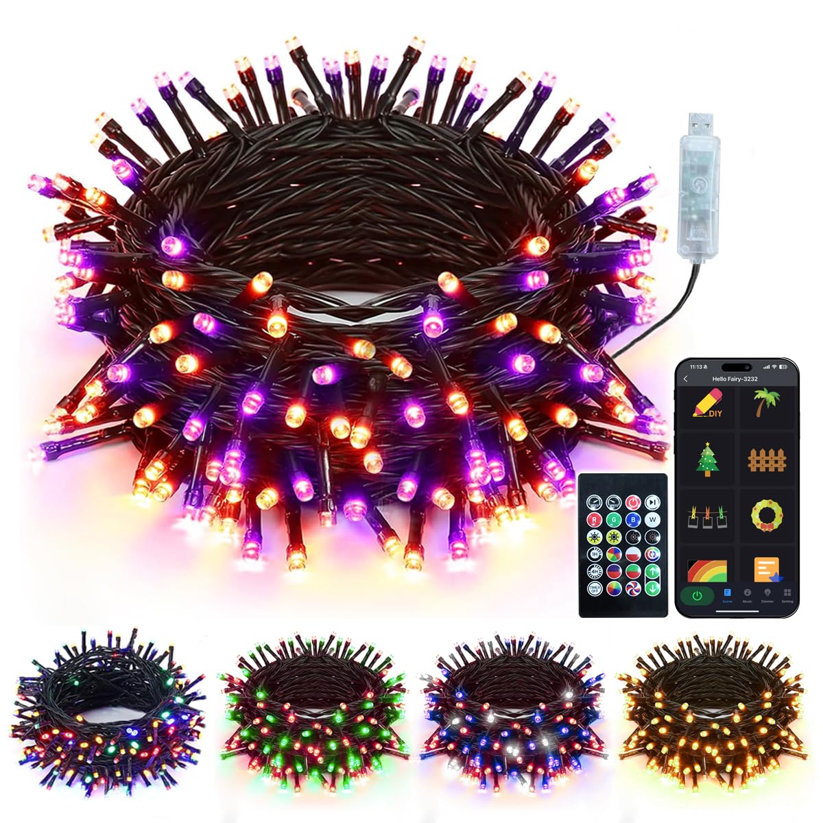 50FT Smart Halloween Party Lights - APP Controlled RGB String Lights with Music Sync, DIY Spooky Effects (Orange/Purple/Green), USB Powered for Indoor Haunted House, Porch & Yard Decor