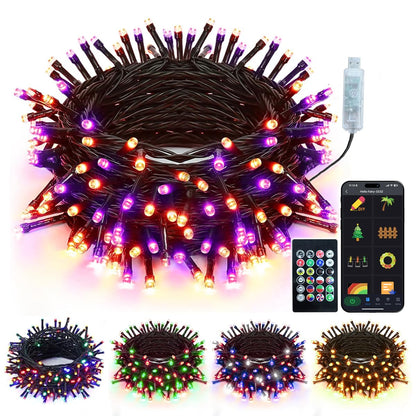 50FT Smart Halloween Party Lights - APP Controlled RGB String Lights with Music Sync, DIY Spooky Effects (Orange/Purple/Green), USB Powered for Indoor Haunted House, Porch & Yard Decor
