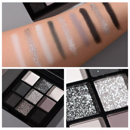 Erinde 9 Color Smokey Eyeshadow Palette, Highly Pigmented Matte & Glitter Shades,Black Silver Gray Eye Shadow Set for Halloween Makeup, Long-Lasting, Waterproof & Blendable, Reversal Star Smokey