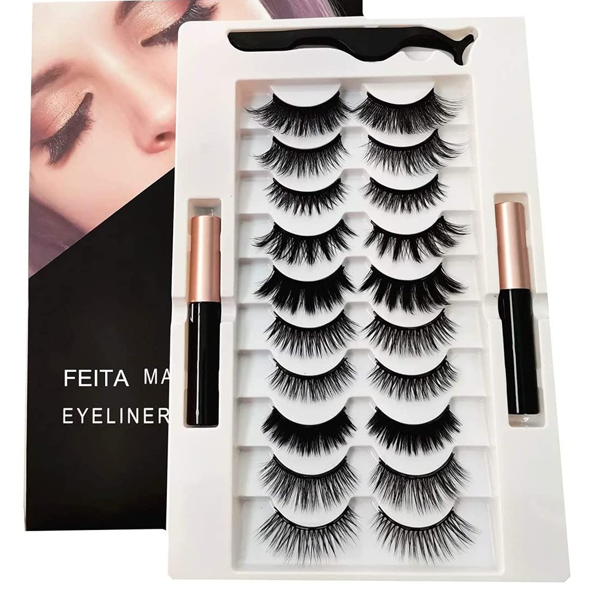 FEITA Upgraded Magnetic Eyelashes Kit with Eyeliner - 10 Pairs Magnetic False Lashes Natural Look with Applicator, 2 Tubes Magnetic Eyeliner - Easy to Apply & No Glue Needed