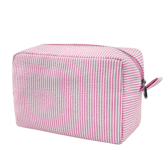 GFU Cosmetic Bag for Women, Large Makeup Bag, Travel Toiletry Stripe Cosmetic Bag, Seersucker Women Aesthetic Organizer Storage Pouch, Girls Handbags Purses (Pink)