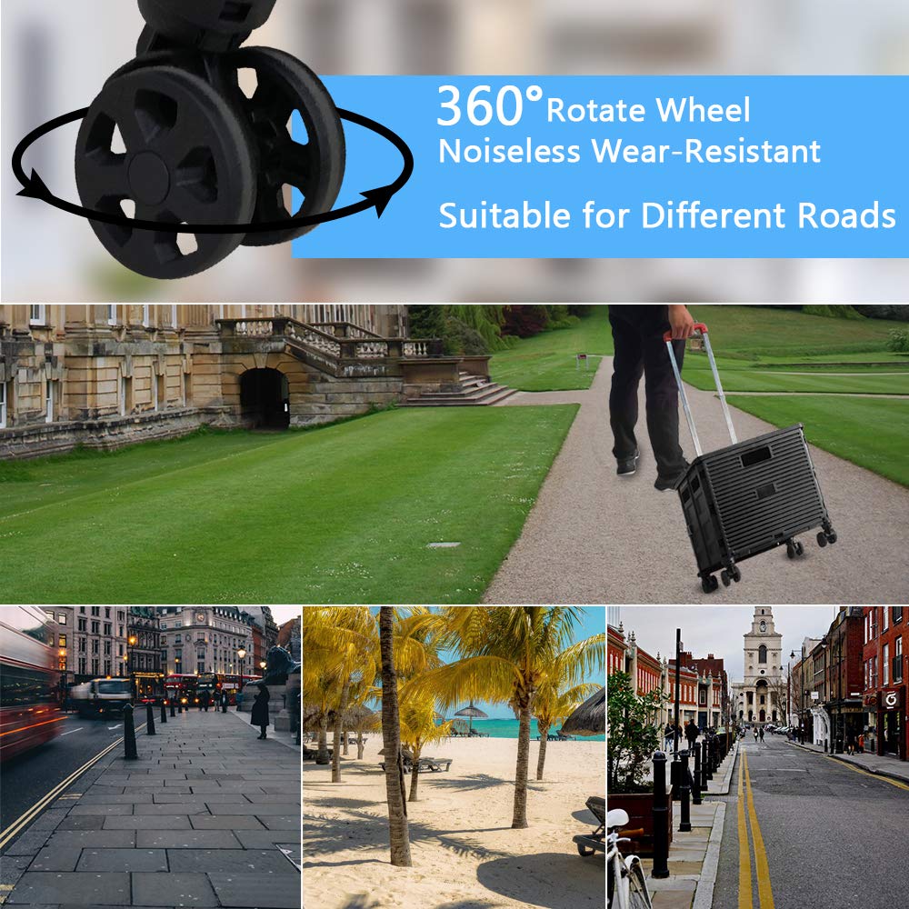 FELICON SELORSS Foldable Utility Cart Folding Portable Rolling Crate Handcart with Durable Heavy Duty Plastic Telescoping Handle Collapsible 4 Rotate Wheels for Travel Shop Move Luggage Office(Black)