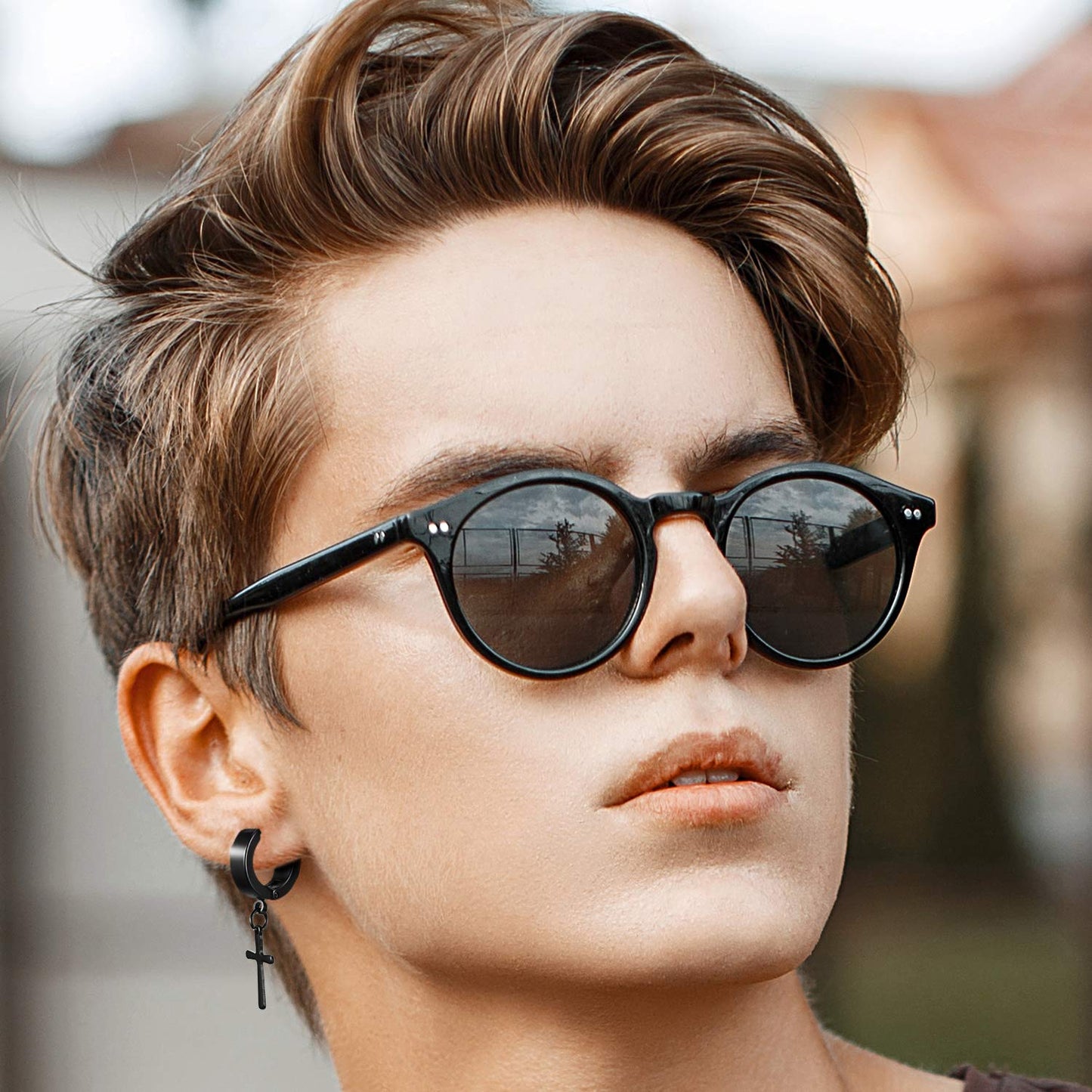 9 Pairs Magnetic Stud Earrings Stainless Steel Feather Dangle Hinged CZ Magnet Non-Piercing Cross Dangle Hoop Earring Set, Black, Stainless Steel