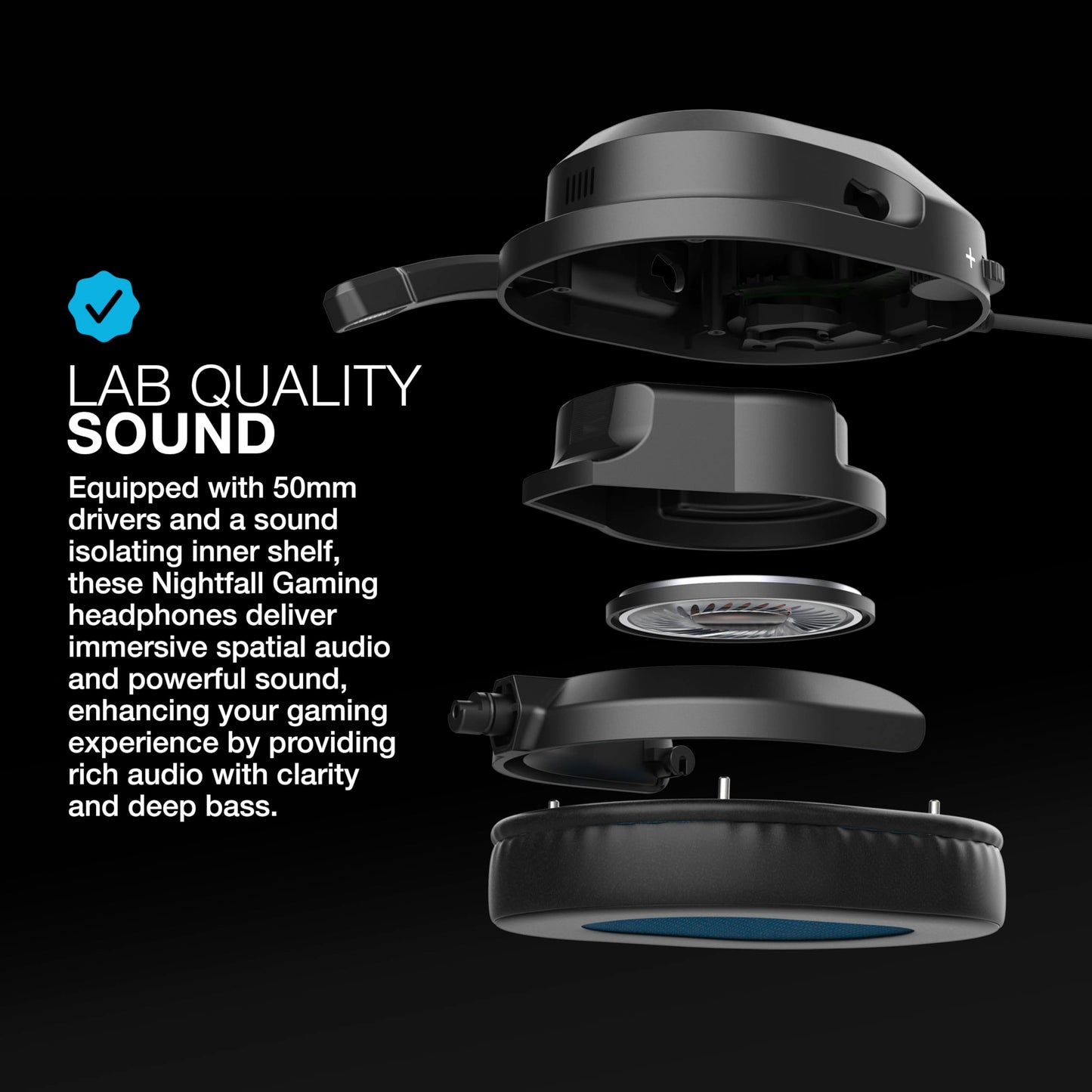 JLab Nightfall Gaming Headset with Near-Field Directional Flip-to-Mute Rotating Boom Mic, 50mm Drivers and Sound Isolating Inner Shelf, Wired 3.5mm for PC, PS5, PS4, Xbox Series X/S, Xbox one, Switch