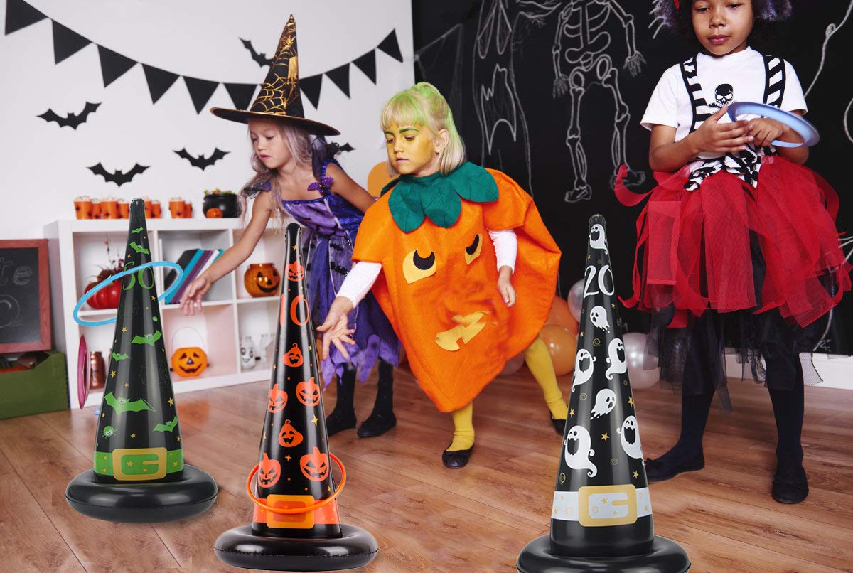 Halloween Party Toys Games, Inflatable Witch Hat Ring Toss Game with Points, Plastic Ring Toss, Air Pump Halloween Carnival Indoor Outdoor Game Garden Toys for Kids Adults Family Games Supplies
