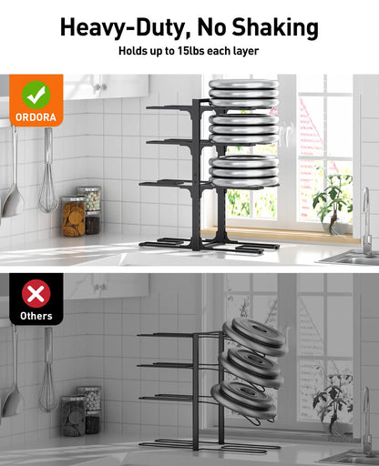 ORDORA Pots and Pans Organizer for Cabinet 16.61'' Height, 8 Tier Pot Organizers Rack with 3 DIY Methods, Adjustable Pan Organizer under Cabinet Kitchen Organization and Storage